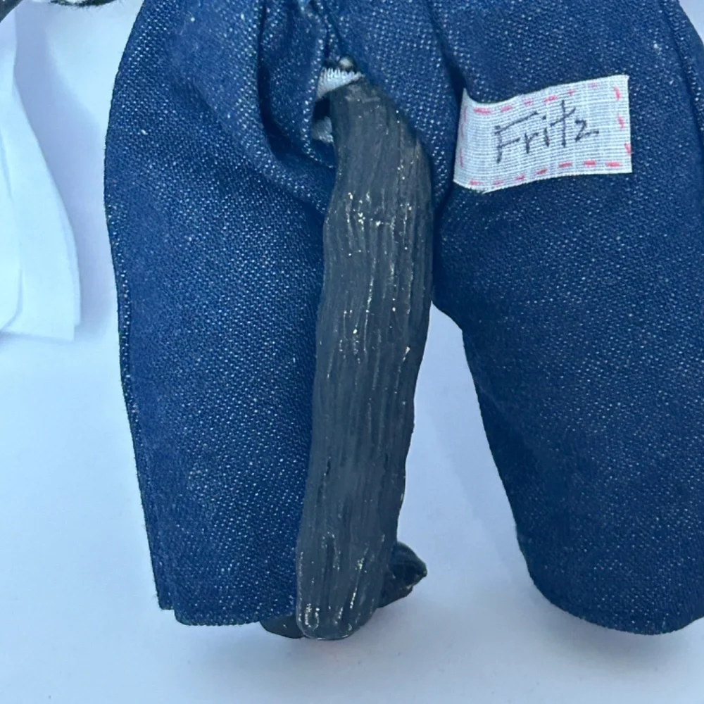 Primitive Looking Black Cat Figurine Handmade Folk Art Doll in‎ Denim Overalls
